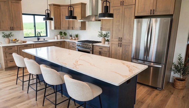 Kitchen island with waterfall quartz countertop and navy base