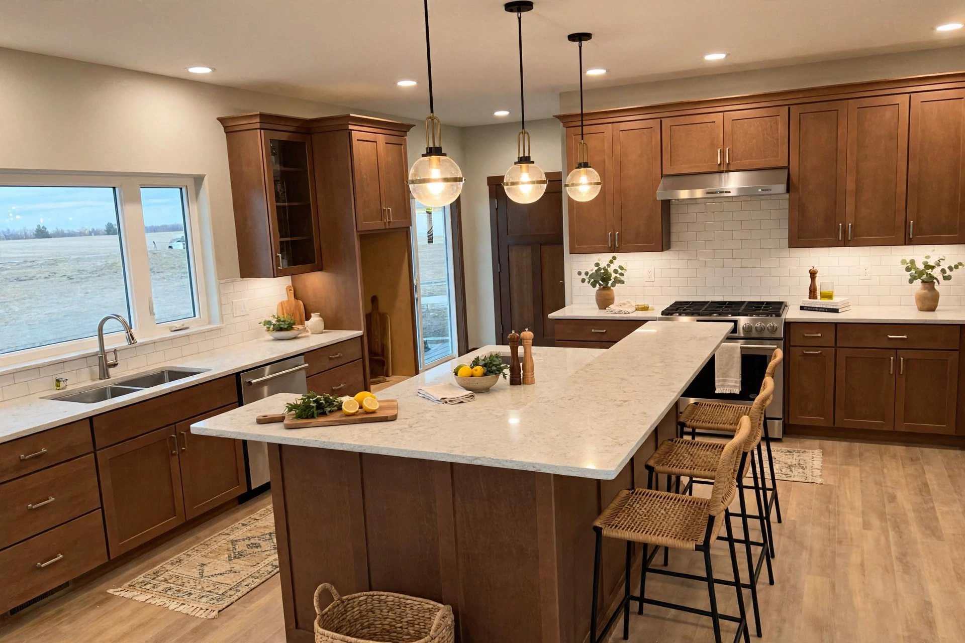 Kitchen countertop with pendant lighting